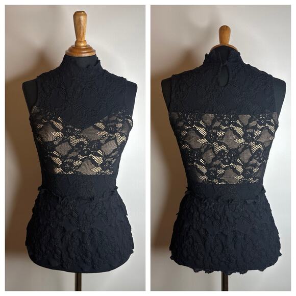 Vintage D&G Style Nightcap Rare Y2K Black Lace Layered Lined Mock Neck Top Sz 2 - Picture 1 of 15